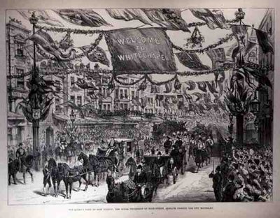 La visita della Regina a East London: la processione reale nella High Street, Aldgate, passando il confine della città, da The Illustrated London News, 21 maggio 1887 da English School